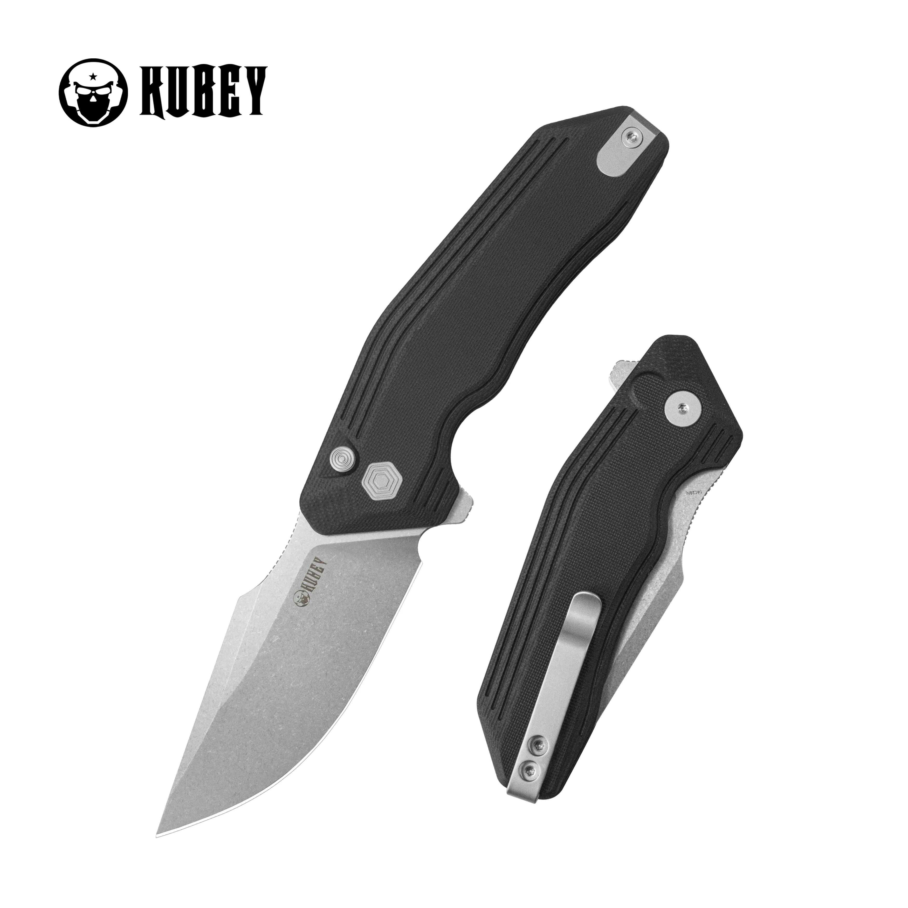 Kubey Basilisk | Black G10 & Stonewashed 14C28N (Button Lock)