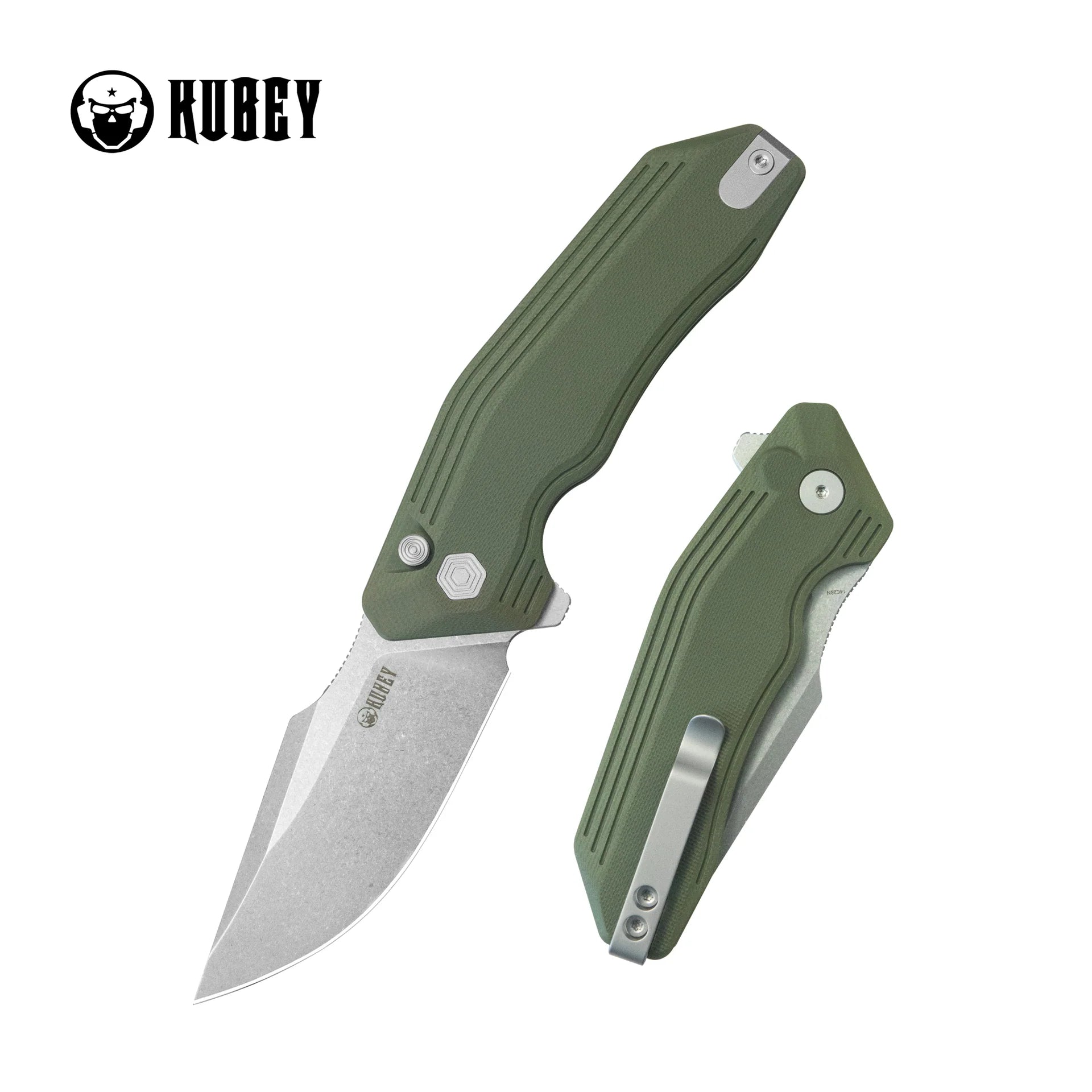 Kubey Basilisk | OD Green G10 & Stonewashed 14C28N (Button Lock)